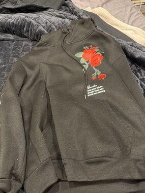 Men's Black Hoodie with Red Rose Embroidery
